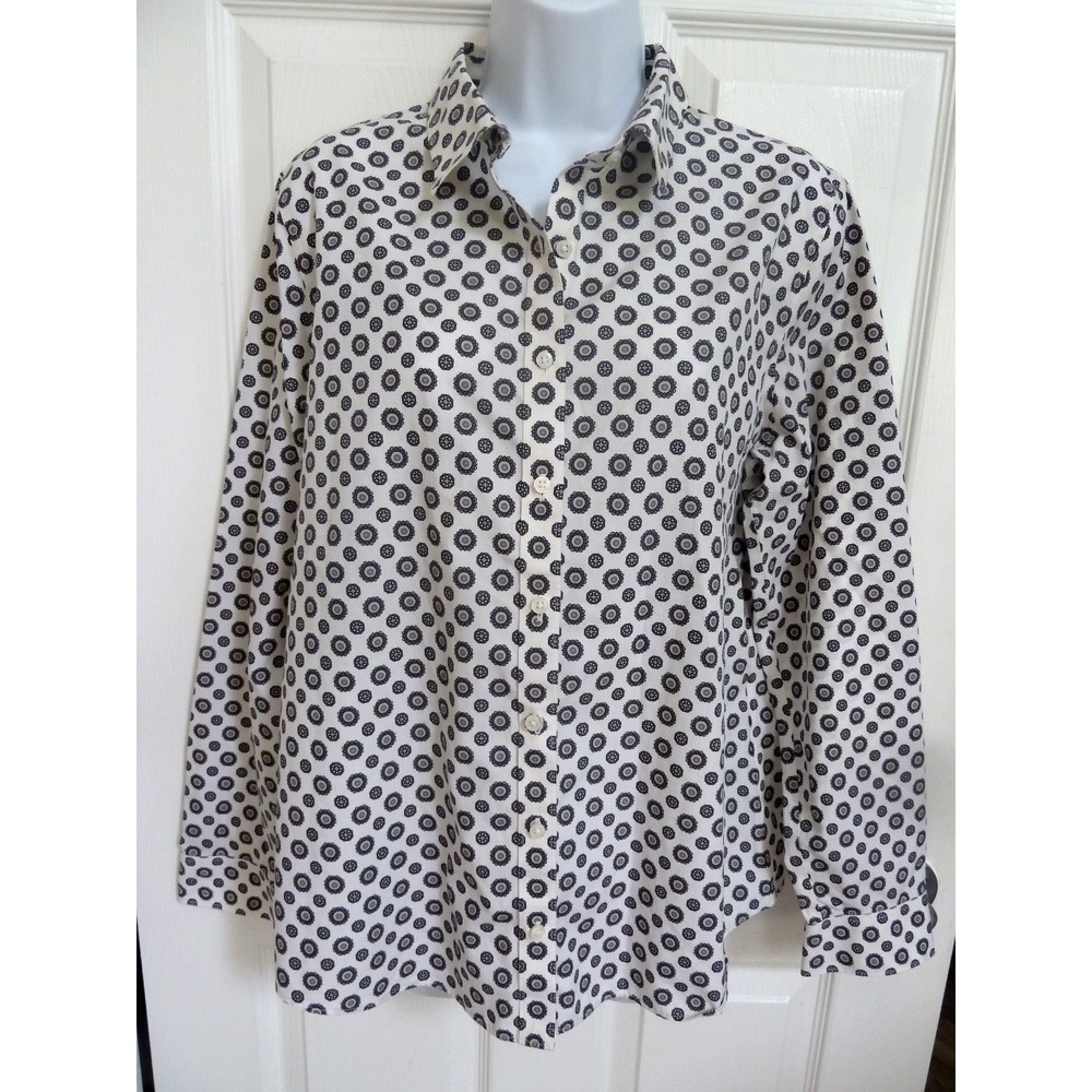 Lands' End Womens Sz 12 No Iron 100% Cotton Blouse Gray White Mandala Pattern